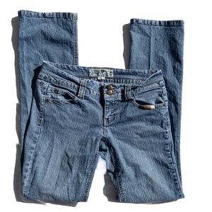 y2k low rise jeans straight leg medium wash jolt size 5 stretchy denim